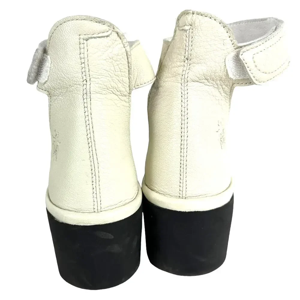 Fly London BONO290FLY Ankle Strap Wedge Sandal Off White Mousse Size 38 (US7.5)